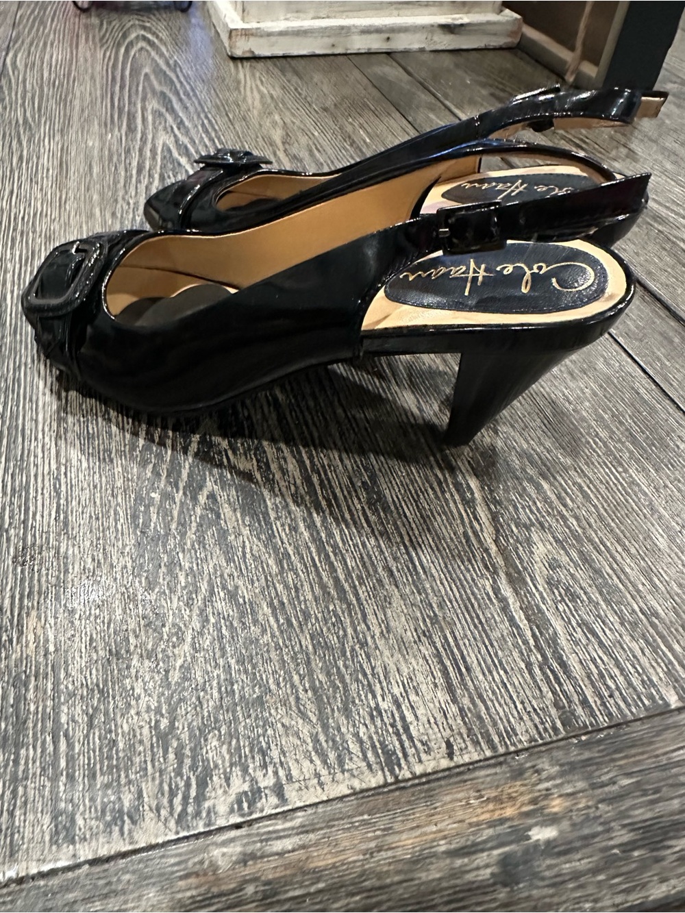Cole Haan Black Patent Peep-Toe Slingback Heels with Buckle Accent